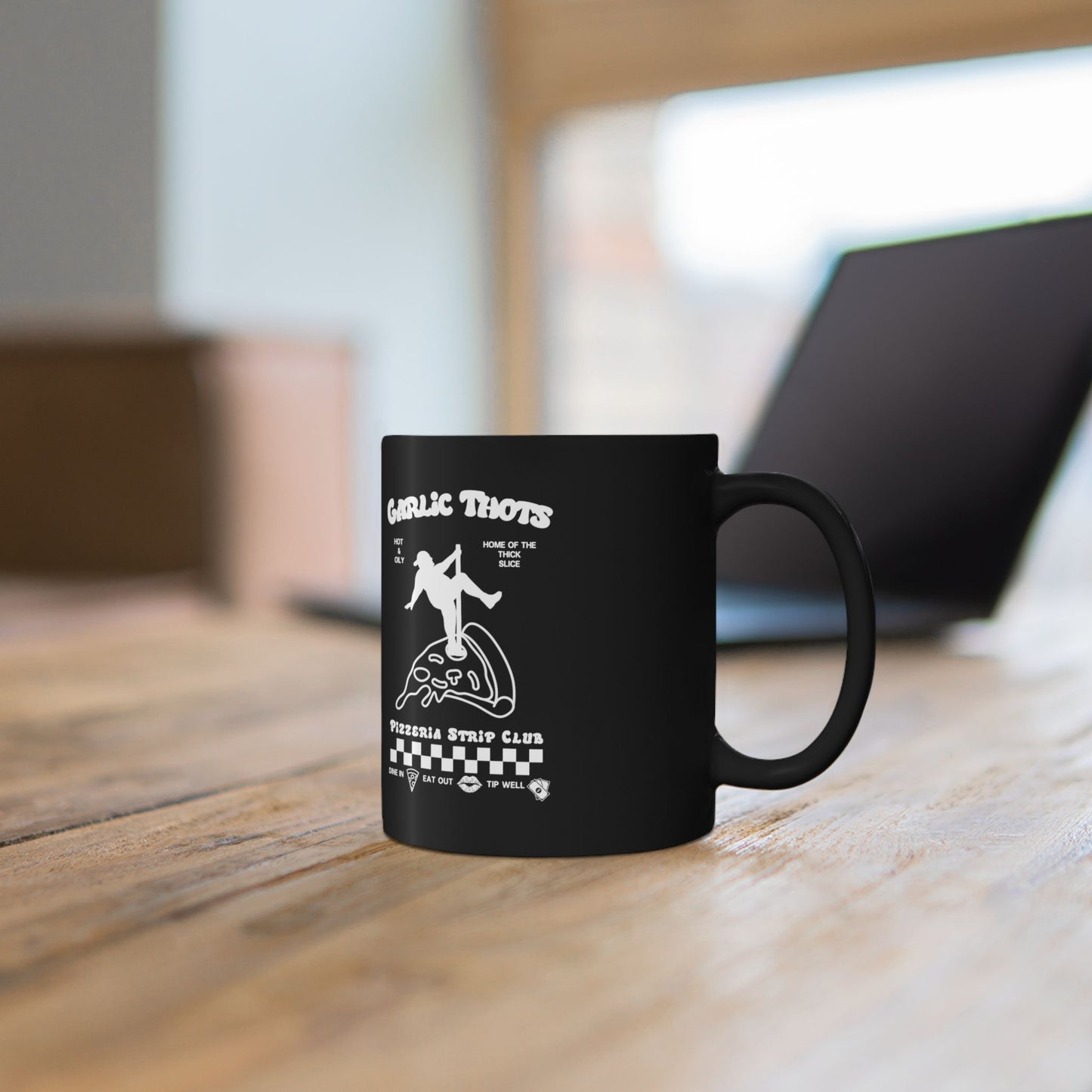 Garlic Thots Pizza Mug — Black Ceramic Coffee Cup (11oz & 15oz)