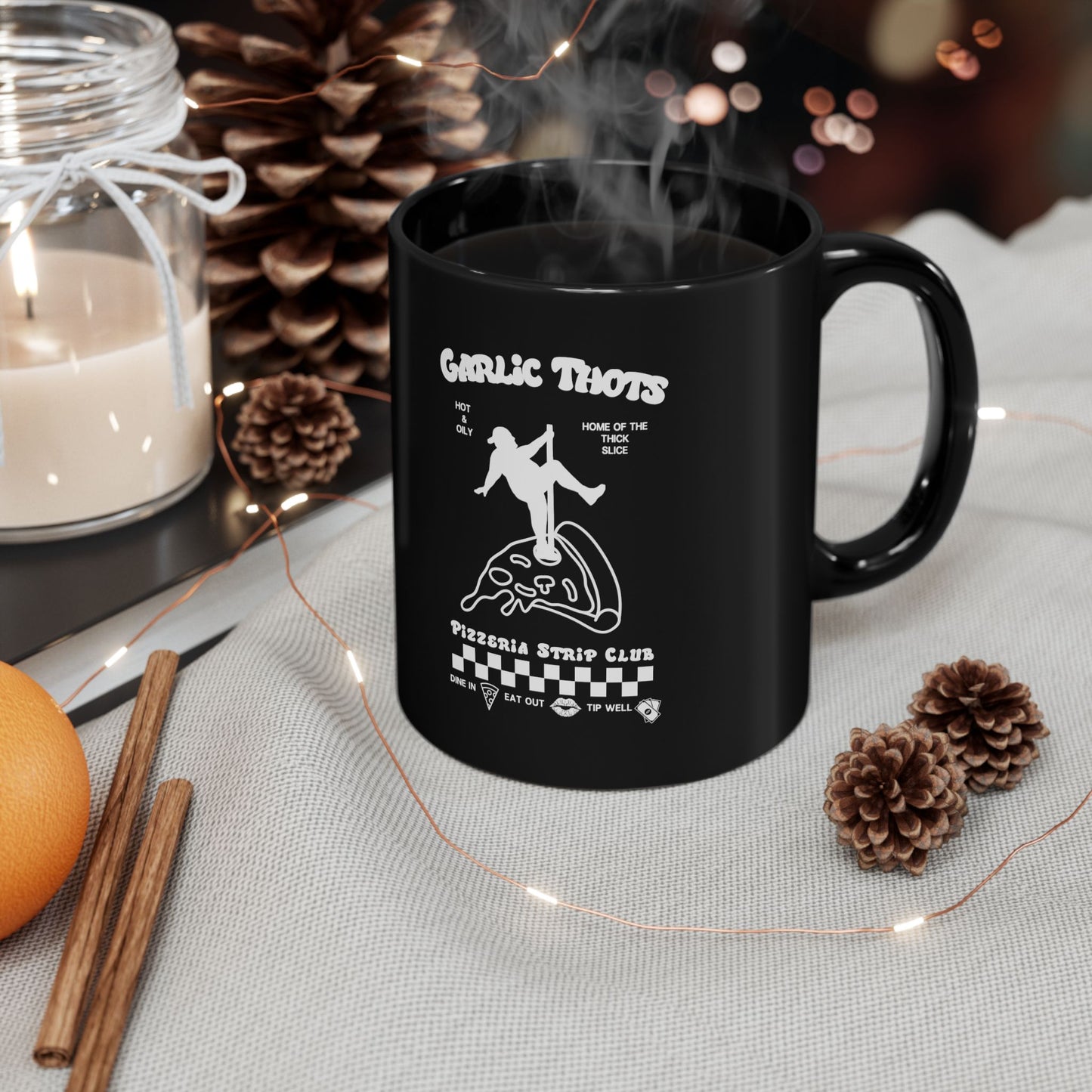 Garlic Thots Pizza Mug — Black Ceramic Coffee Cup (11oz & 15oz)